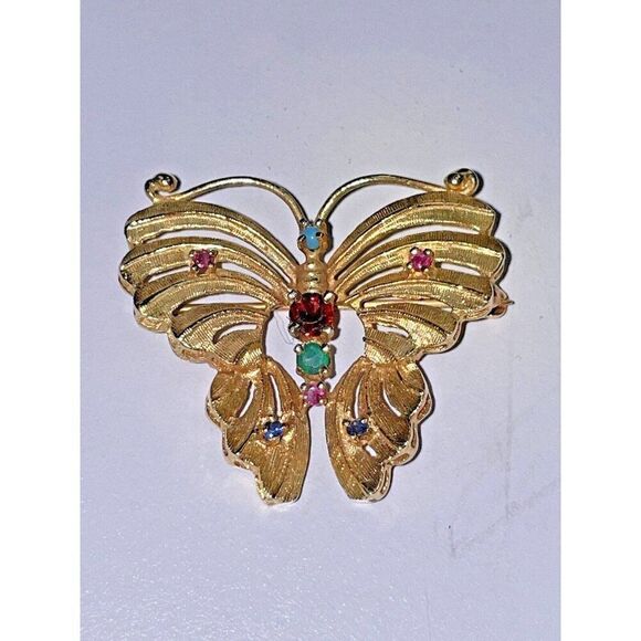 14K Yellow Gold Multi-Color Gemstone Butterfly Pin Brooch Signed ED 4.3 DWT - Picture 1 of 16